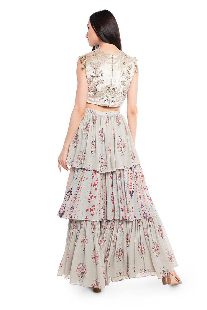 Grey Velvet Choli with Grey Printed Georgette Layered Sharara