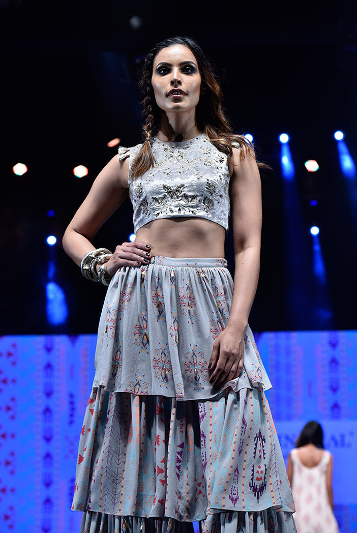 Atoosa Grey Velvet Choli with Grey Printed Georgette Layered Sharara