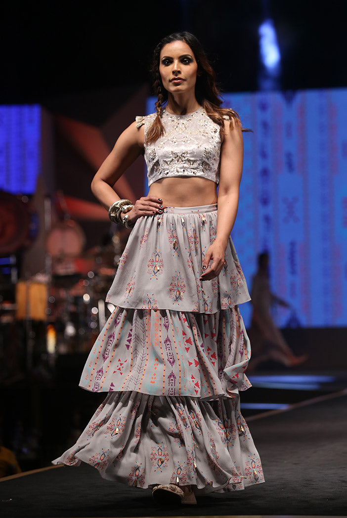 Atoosa Grey Velvet Choli with Grey Printed Georgette Layered Sharara