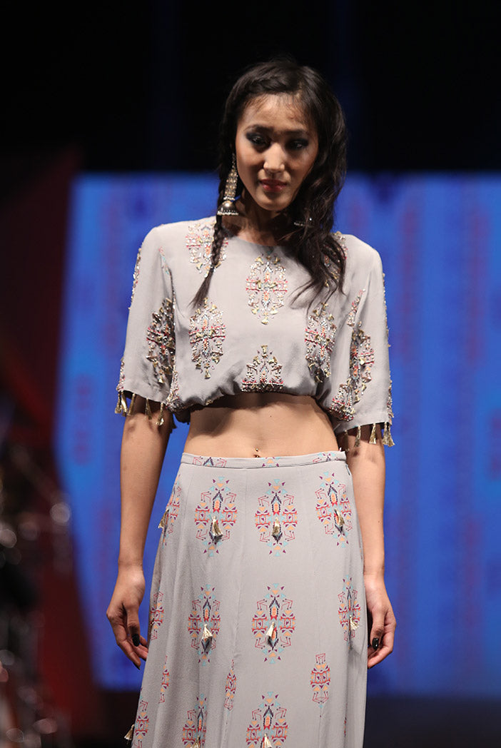 Eren Grey Printed Crepe Balloon Top with Crepe and Georgette Frill Skirt