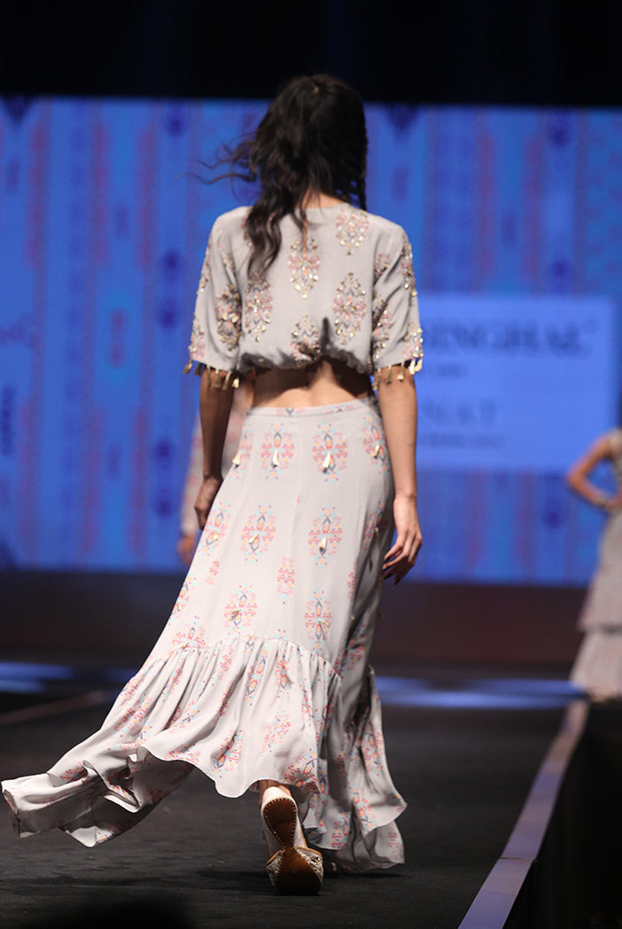 Eren Grey Printed Crepe Balloon Top with Crepe and Georgette Frill Skirt