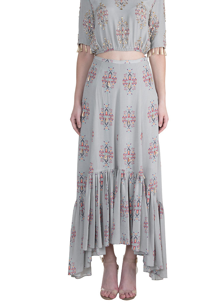 Eren Grey Printed Crepe Balloon Top with Crepe and Georgette Frill Skirt
