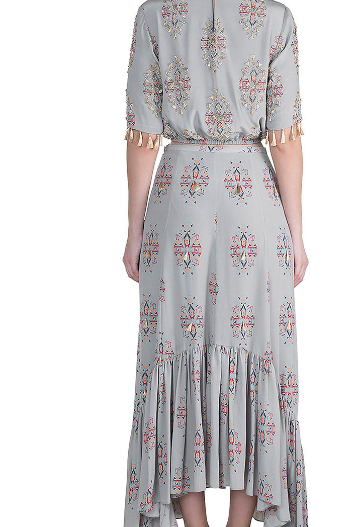 Eren Grey Printed Crepe Balloon Top with Crepe and Georgette Frill Skirt