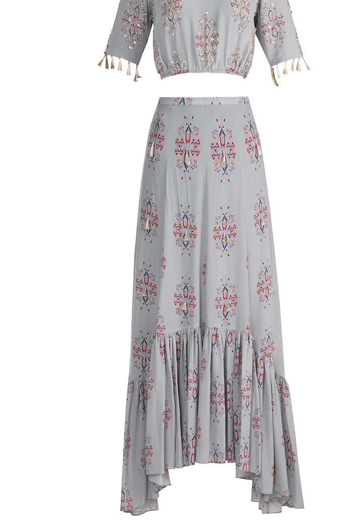 Eren Grey Printed Crepe Balloon Top with Crepe and Georgette Frill Skirt