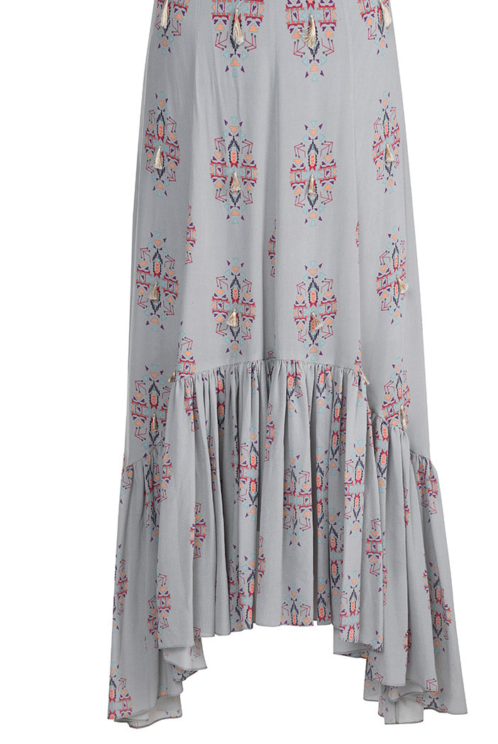 Eren Grey Printed Crepe Balloon Top with Crepe and Georgette Frill Skirt