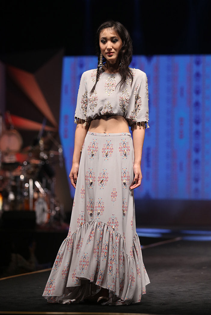 Eren Grey Printed Crepe Balloon Top with Crepe and Georgette Frill Skirt
