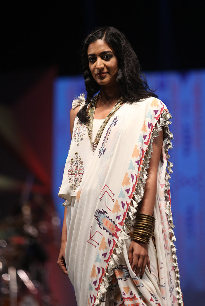 Itrat Cream Printed Georgette Top and Saree