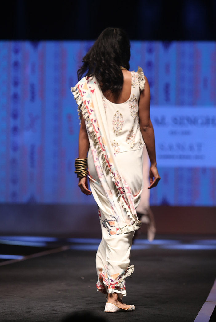 Itrat Cream Printed Georgette Top and Saree