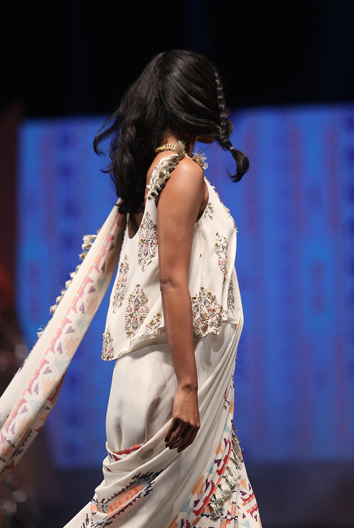 Itrat Cream Printed Georgette Top and Saree
