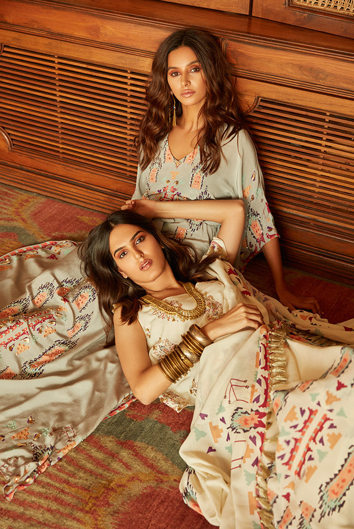 Itrat Cream Printed Georgette Top and Saree