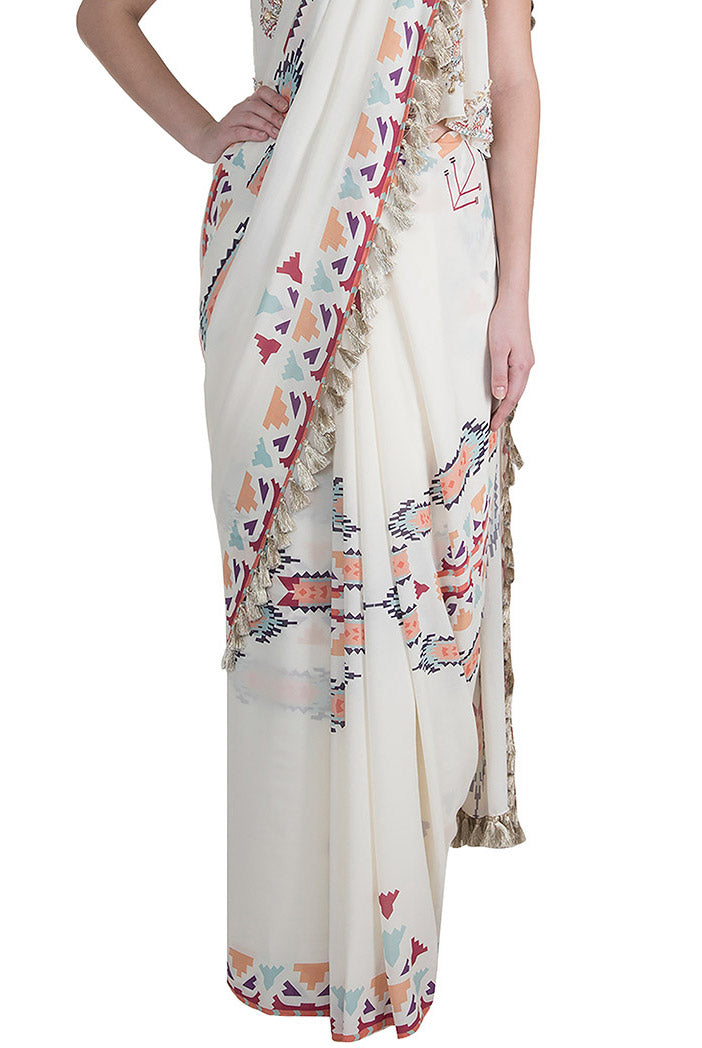 Itrat Cream Printed Georgette Top and Saree