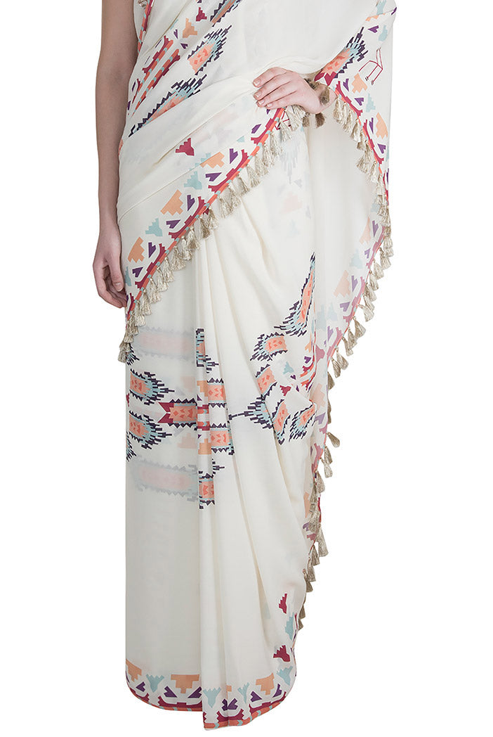 Itrat Cream Printed Georgette Top and Saree