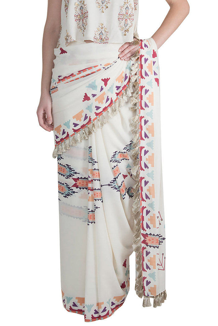 Itrat Cream Printed Georgette Top and Saree
