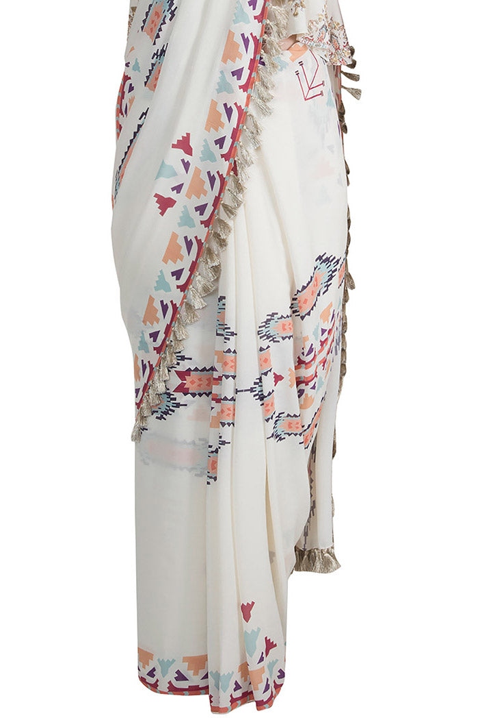 Itrat Cream Printed Georgette Top and Saree