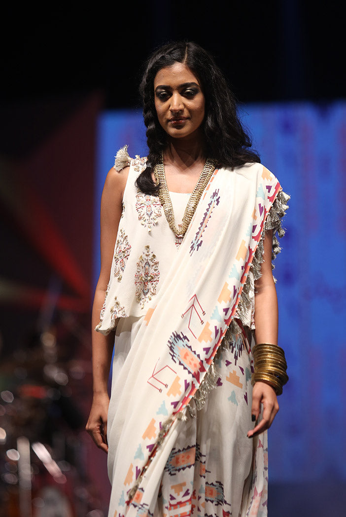 Itrat Cream Printed Georgette Top and Saree