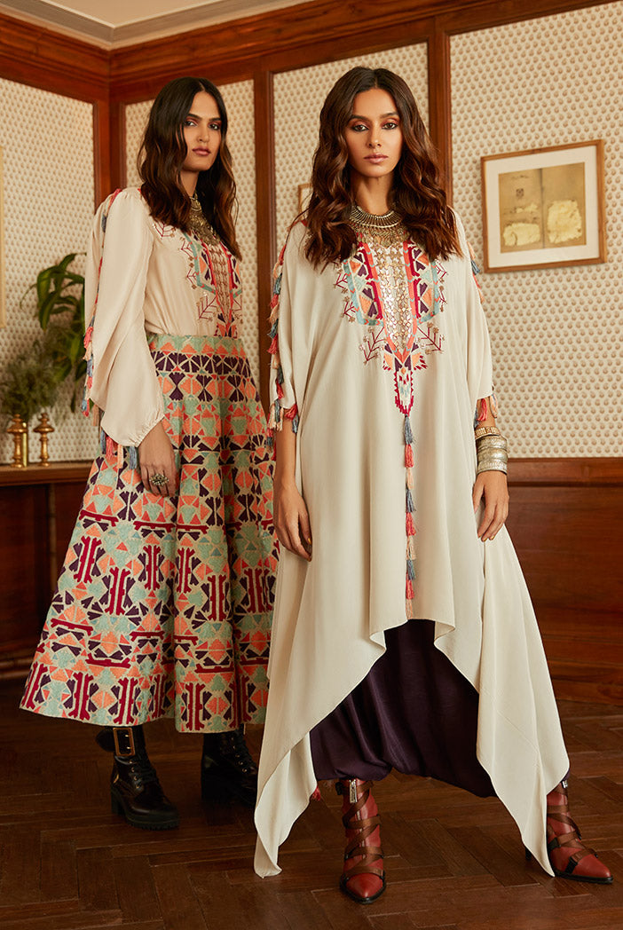 Saneh Stone Crepe Kaftan with Camisole and Purple Low Crotch Pant