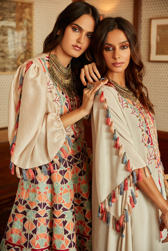 Saneh Stone Crepe Kaftan with Camisole and Purple Low Crotch Pant