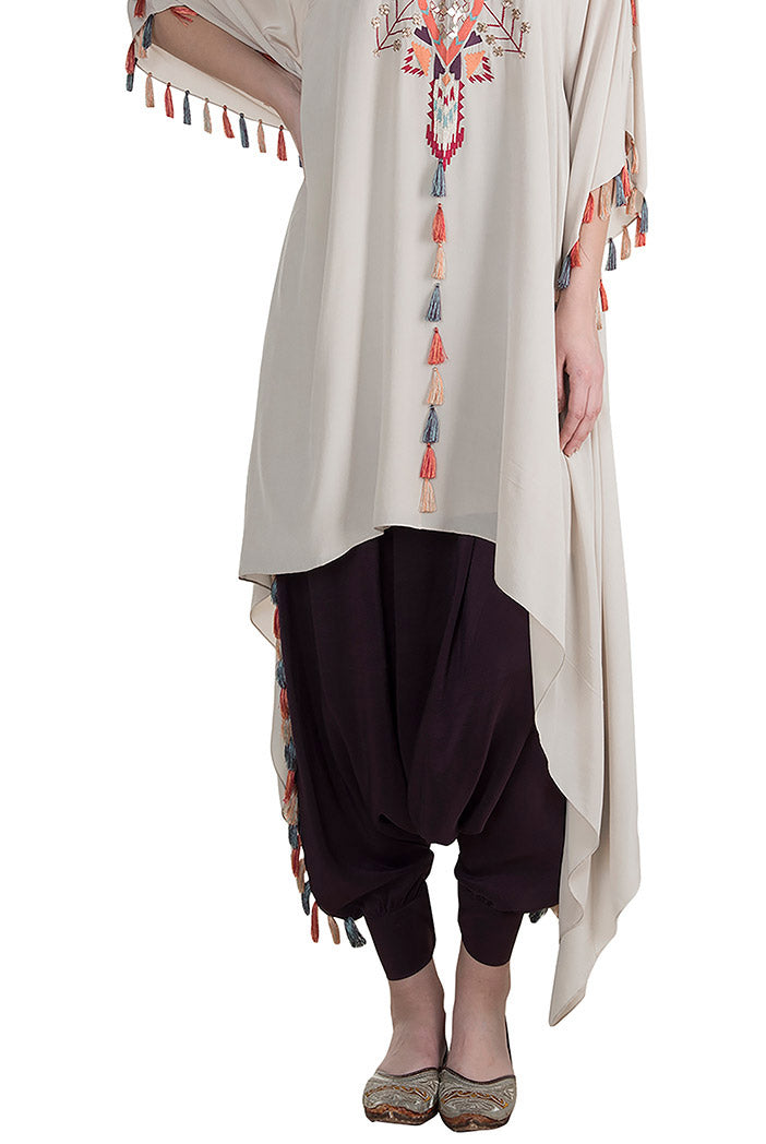 Saneh Stone Crepe Kaftan with Camisole and Purple Low Crotch Pant