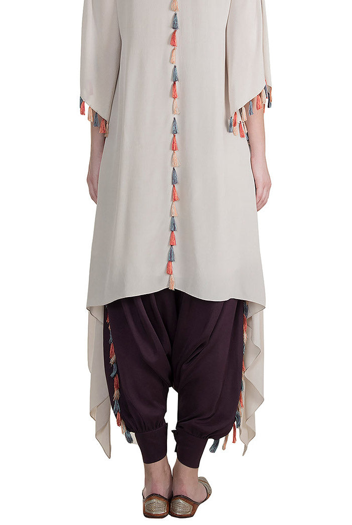 Saneh Stone Crepe Kaftan with Camisole and Purple Low Crotch Pant