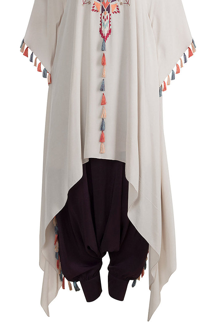 Saneh Stone Crepe Kaftan with Camisole and Purple Low Crotch Pant