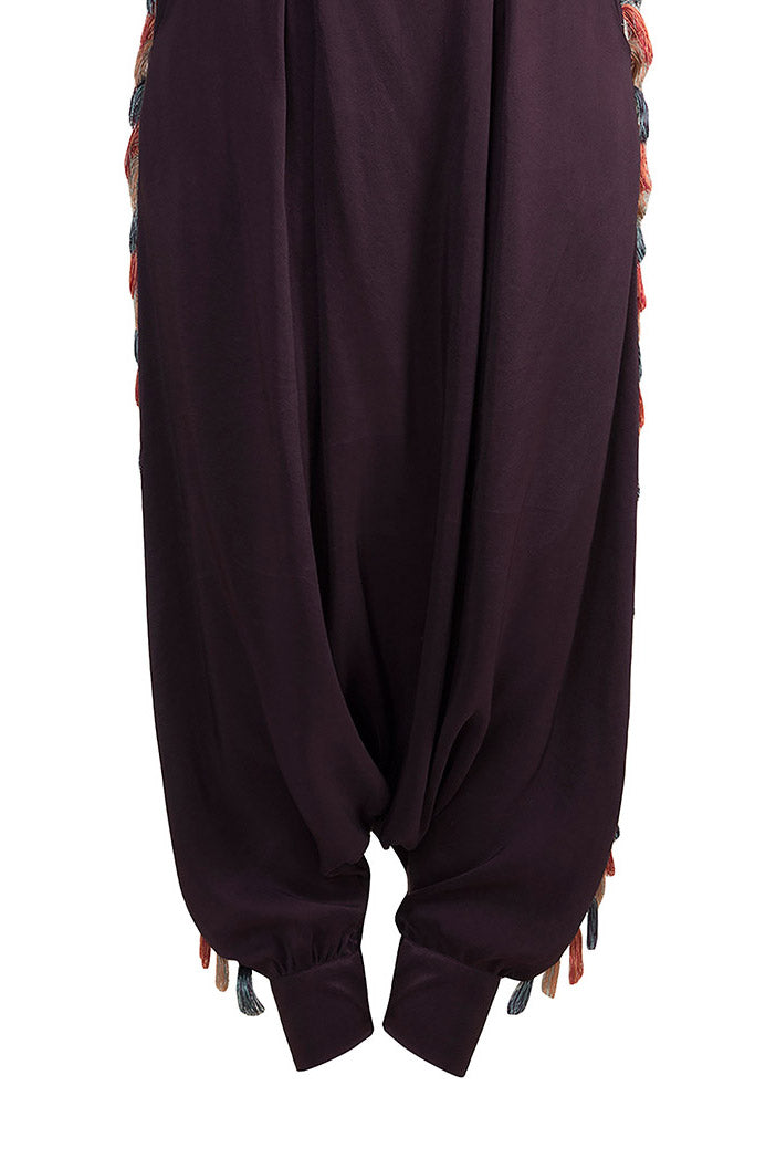 Saneh Stone Crepe Kaftan with Camisole and Purple Low Crotch Pant