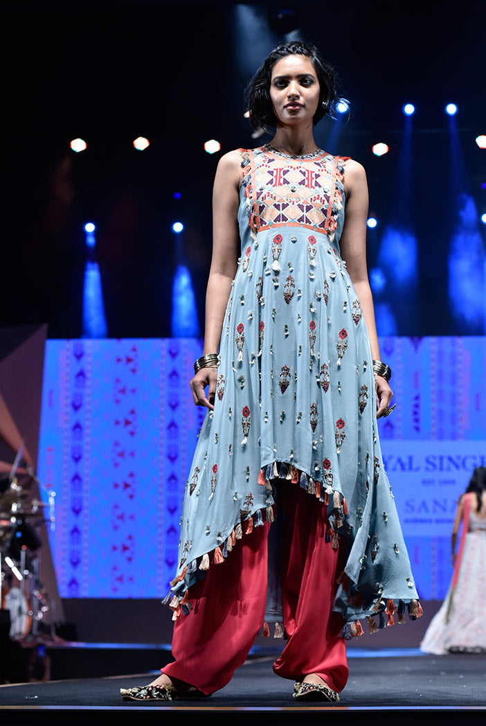 Gulbar Periwinkle Blue Crepe High-Low Kurta with Cranberry Crepe Salwar