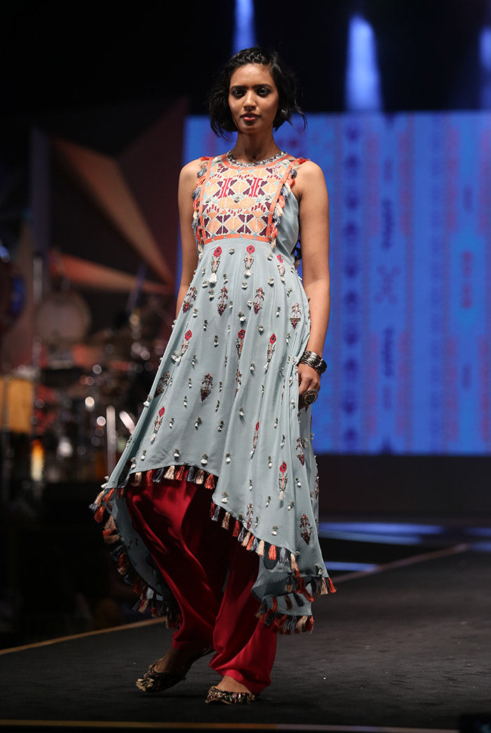 Gulbar Periwinkle Blue Crepe High-Low Kurta with Cranberry Crepe Salwar