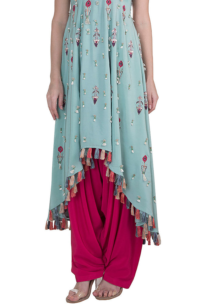 Gulbar Periwinkle Blue Crepe High-Low Kurta with Cranberry Crepe Salwar