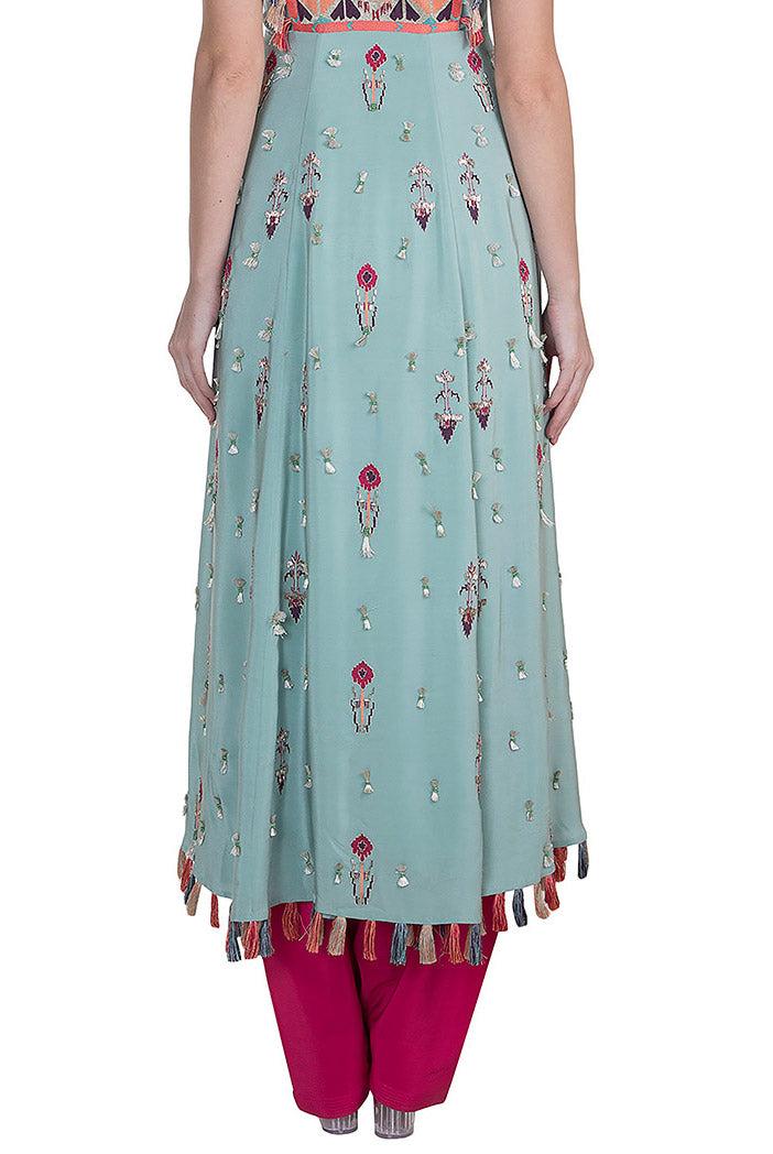 Gulbar Periwinkle Blue Crepe High-Low Kurta with Cranberry Crepe Salwar