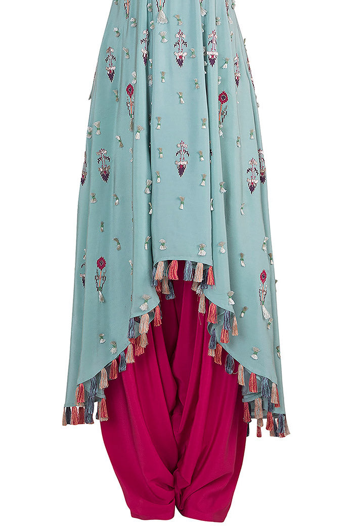 Gulbar Periwinkle Blue Crepe High-Low Kurta with Cranberry Crepe Salwar