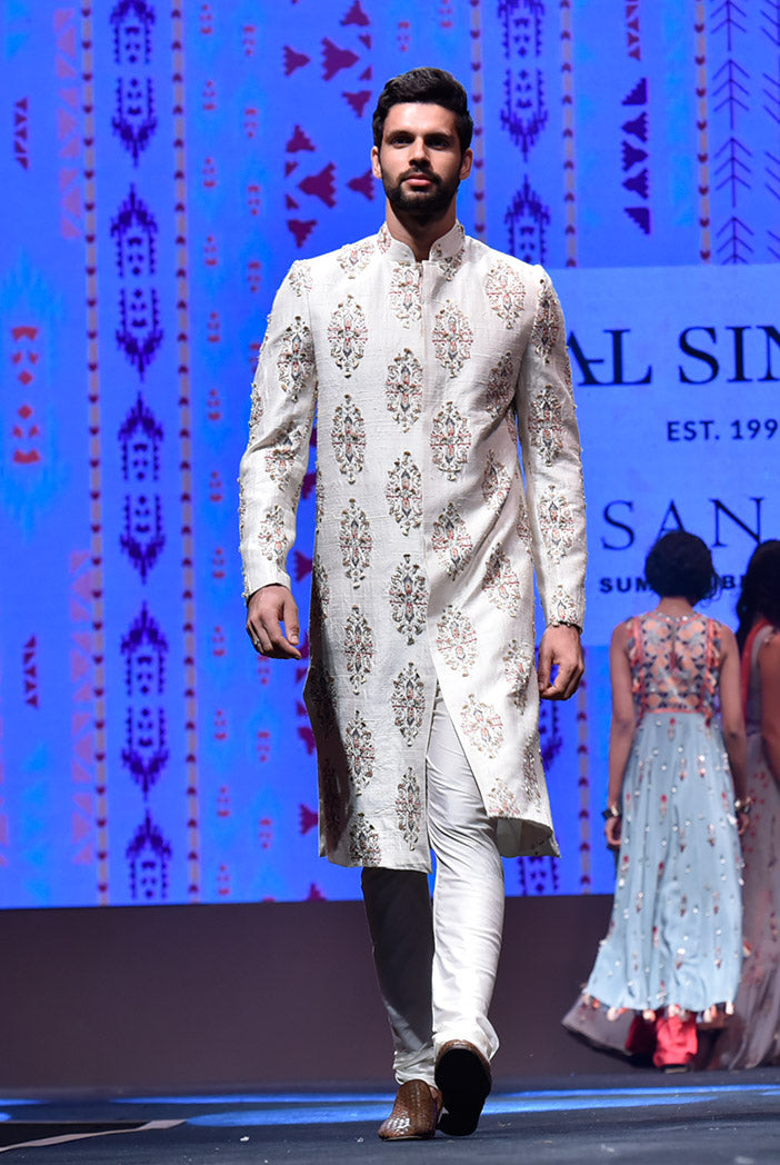 Reyhan Cream Printed Dupion Silk Sherwani With Off White Cotton Silk Churidar