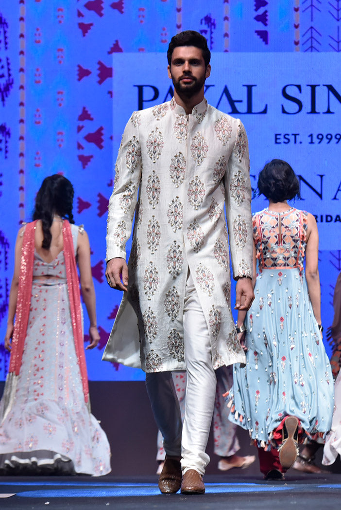 Reyhan Cream Printed Dupion Silk Sherwani With Off White Cotton Silk Churidar