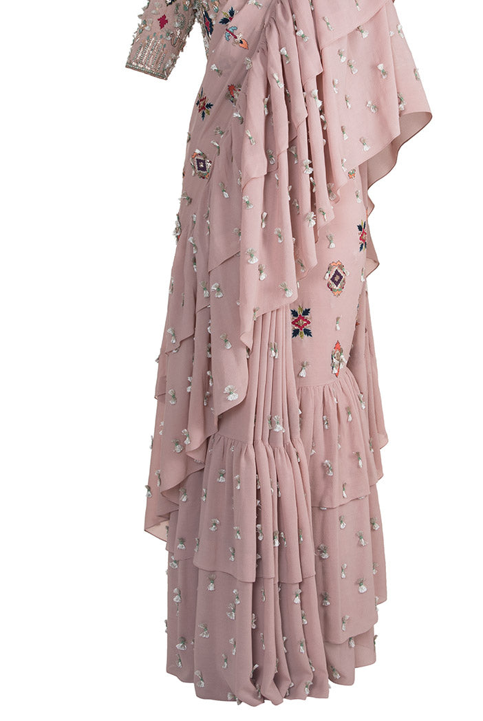 Zila Rose Pink Georgette Choli with Friil Saree