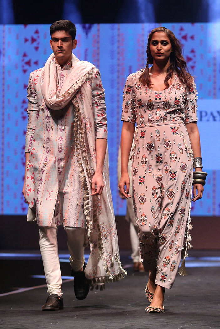 Shahab Grey Printed Dupion Silk sherwani with Off-white Cotton Silk Churidar and Cream Ikat Butti Silkmul Dupatta