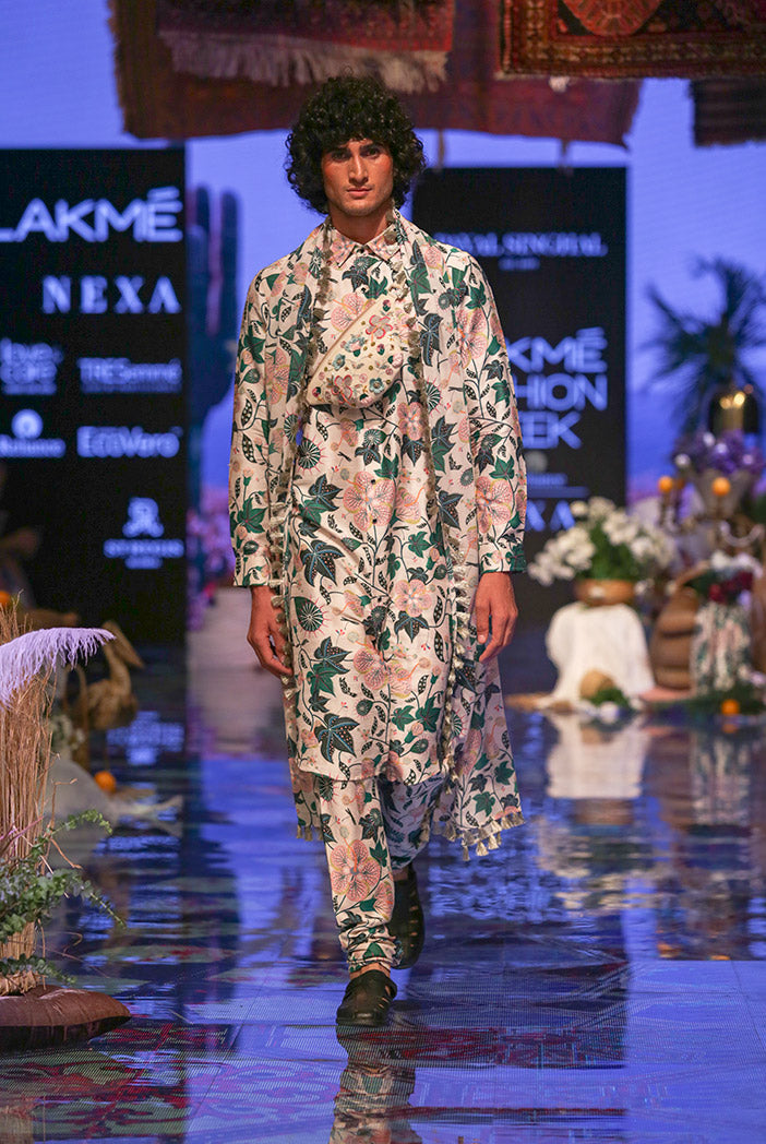 Mahir Whited Printed Dupion Silk Kurta and Churidar with Georgette Dupatta