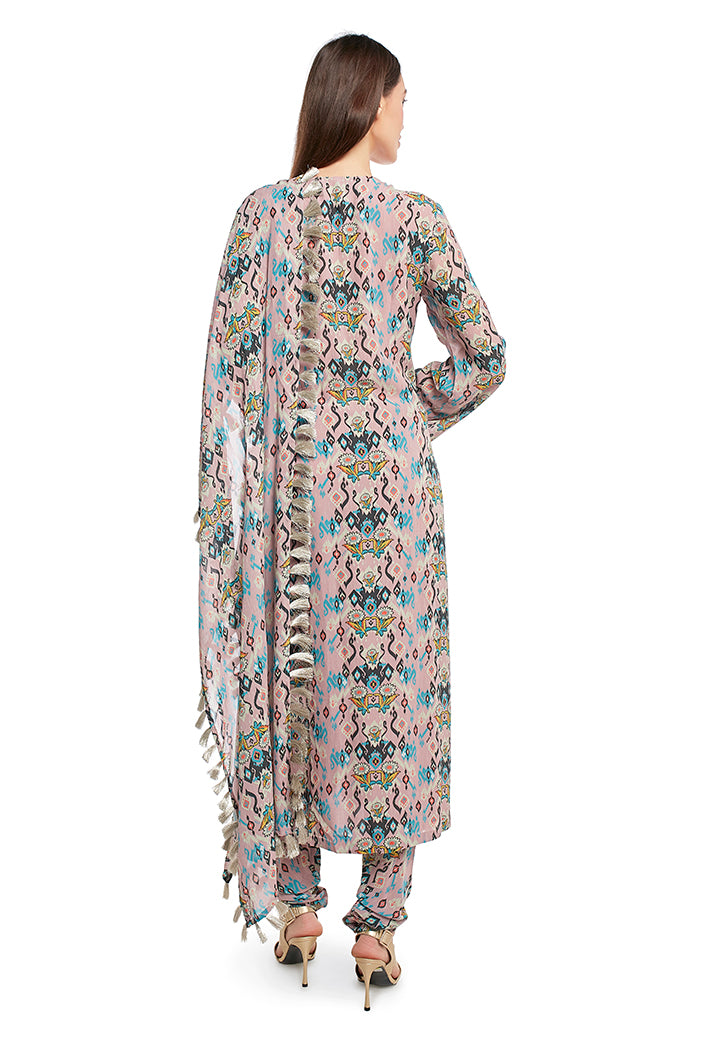 Pink Colour Printed Georgette Kurta with Churidar and Dupatta