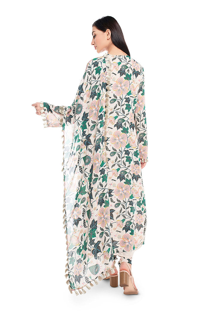 White Printed Georgette Kurat with Churidar and Dupatta