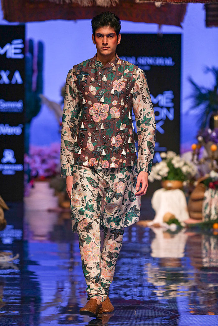 Tamer Brown Printed Dupion Silk Bandi with White Printed Silkmul Kurta and Churidar