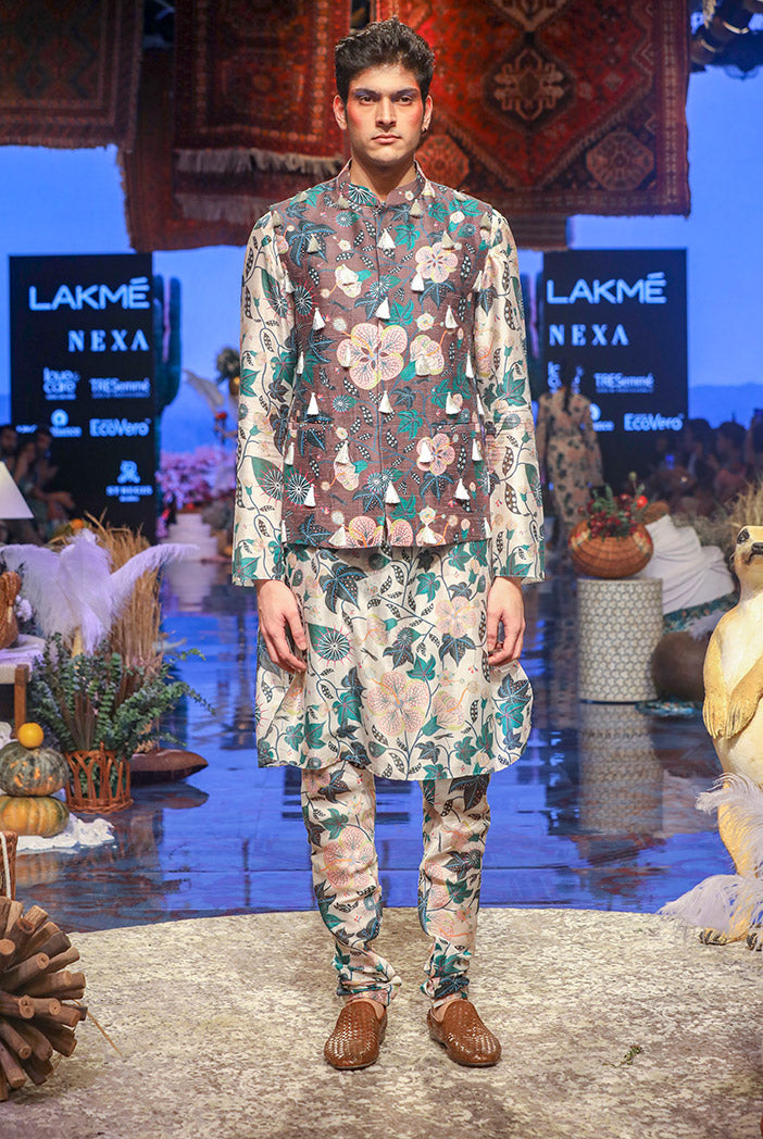 Tamer Brown Printed Dupion Silk Bandi with White Printed Silkmul Kurta and Churidar