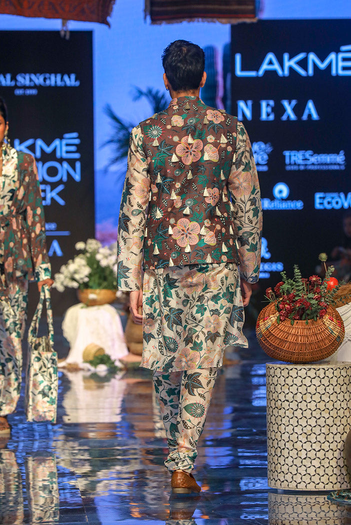Tamer Brown Printed Dupion Silk Bandi with White Printed Silkmul Kurta and Churidar