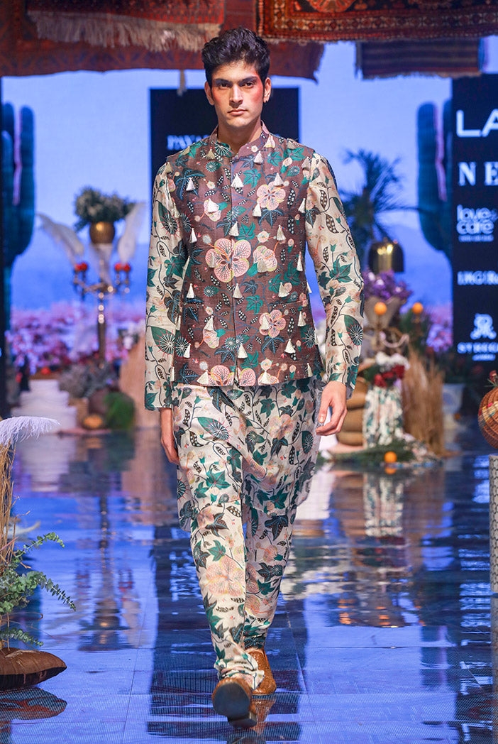 Tamer Brown Printed Dupion Silk Bandi with White Printed Silkmul Kurta and Churidar