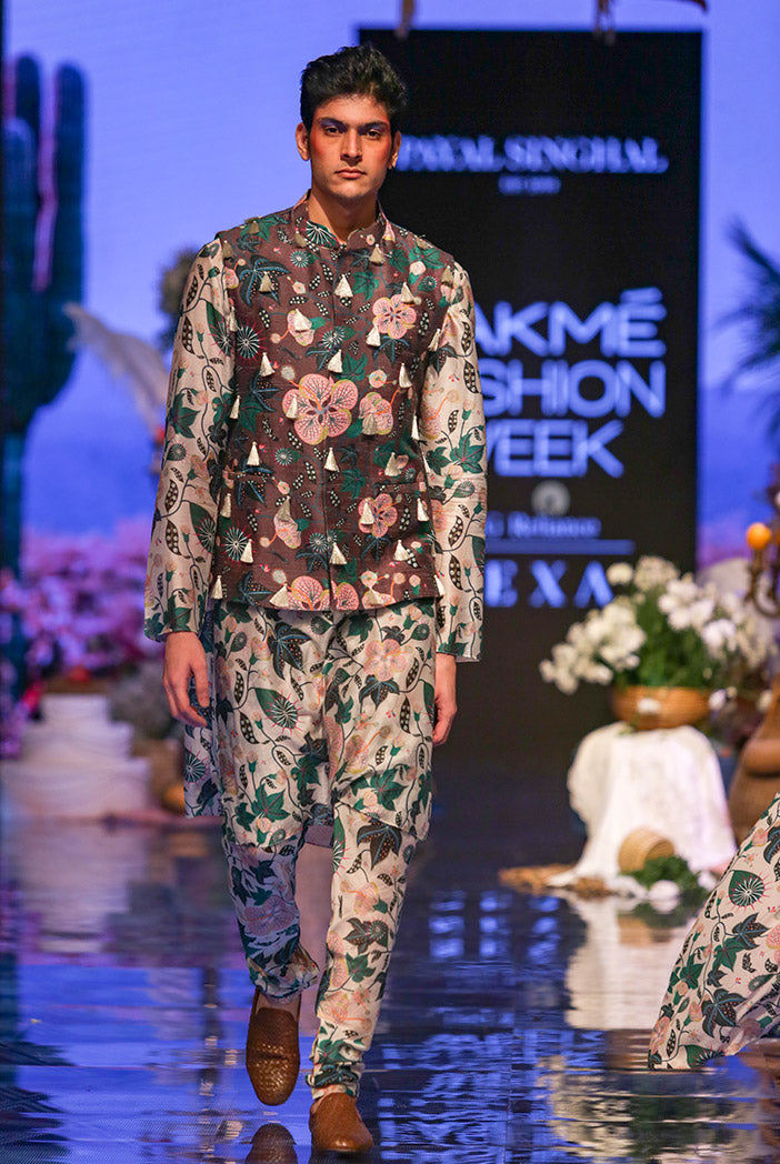 Tamer Brown Printed Dupion Silk Bandi with White Printed Silkmul Kurta and Churidar