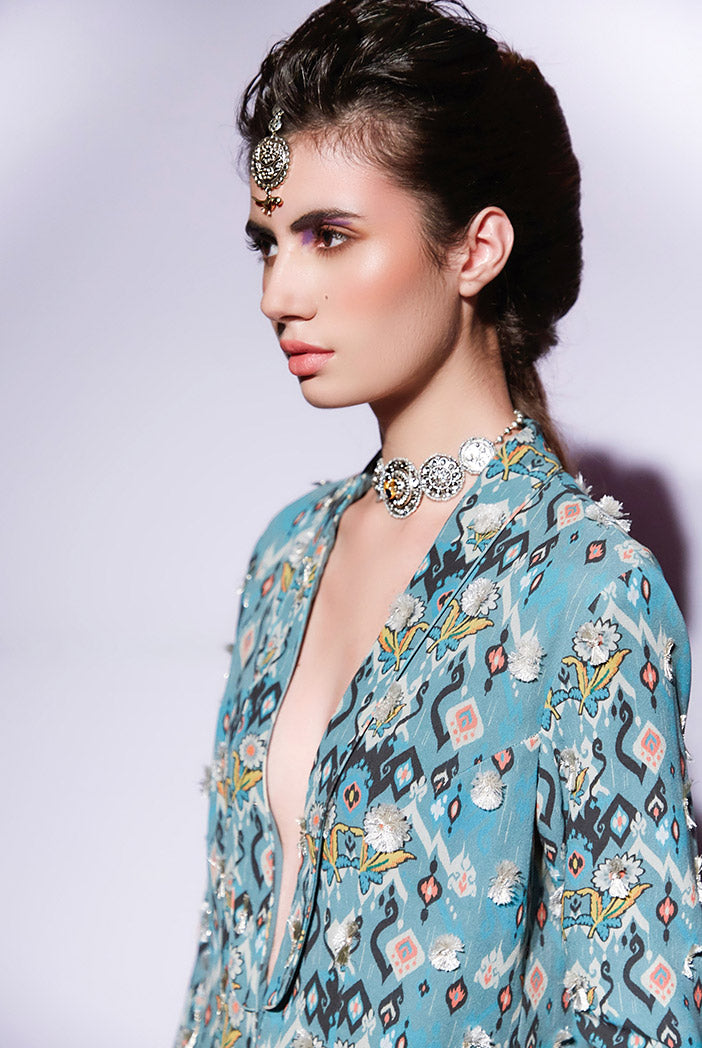 Selma Blue Printed Georgette Jacket and Pant