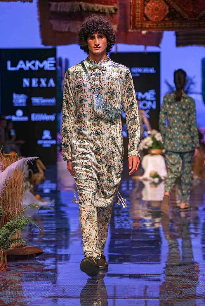 Aziz White Printed Velvet Kurta and Silkmul Churidar