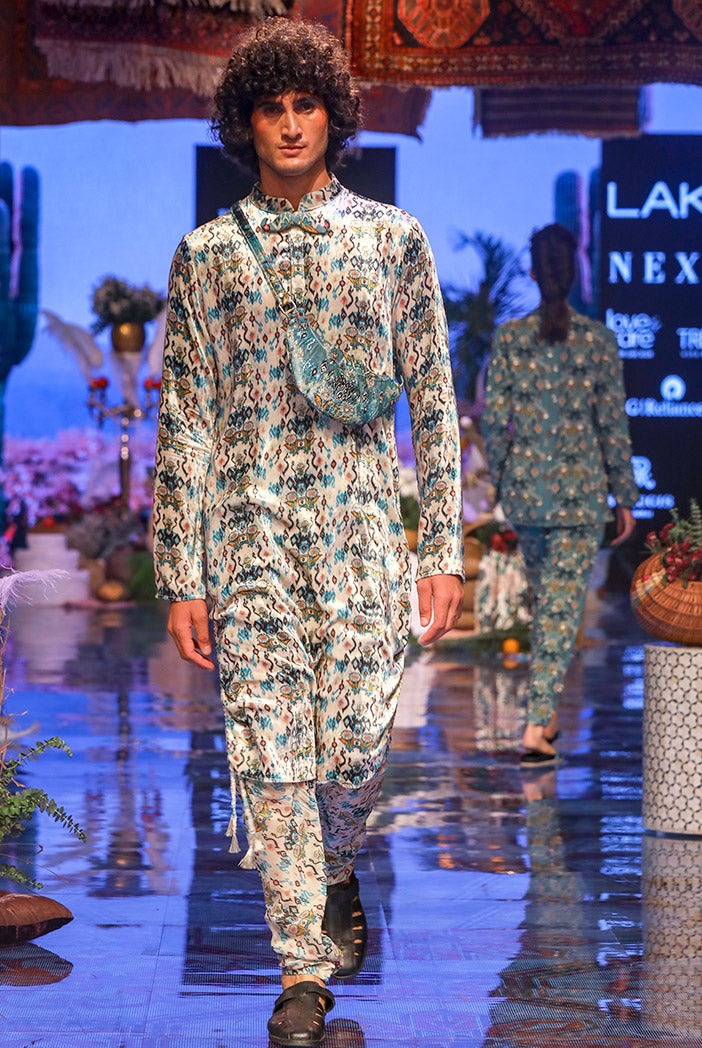 Aziz White Printed Velvet Kurta and Silkmul Churidar