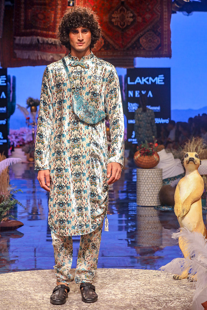Aziz White Printed Velvet Kurta and Silkmul Churidar