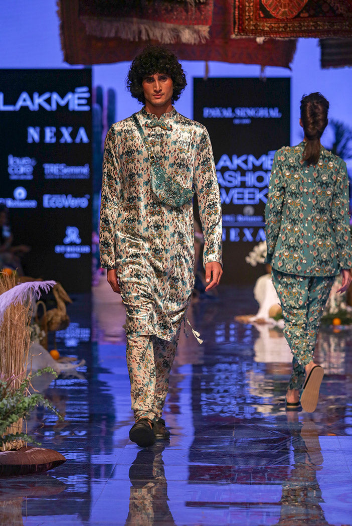 Aziz White Printed Velvet Kurta and Silkmul Churidar