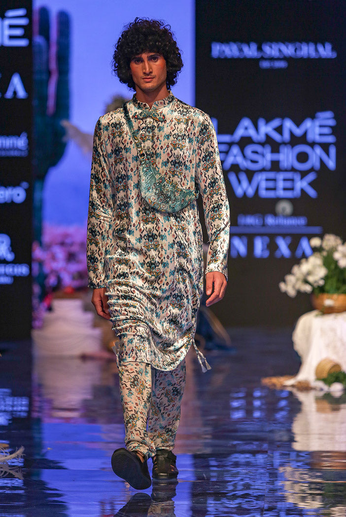 Aziz White Printed Velvet Kurta and Silkmul Churidar
