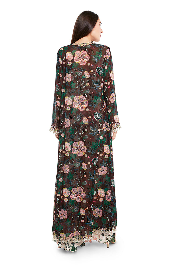 White Colour Printed Art Georgette Camisole with Frill Palazzo and Brown Colour Printed Duster Jacket