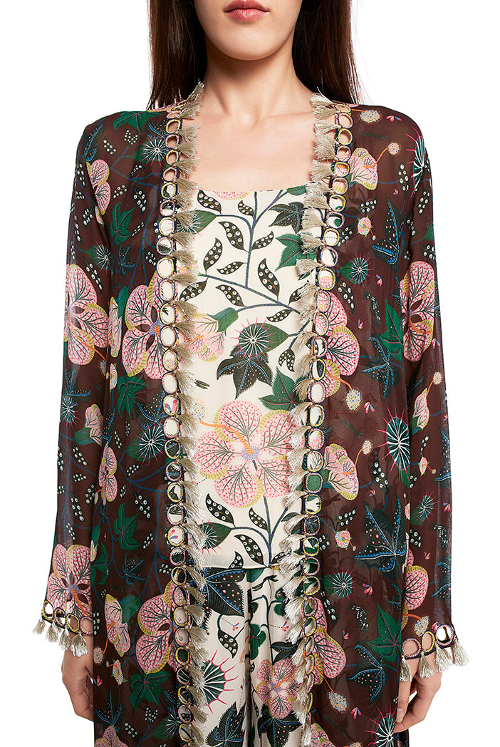 White Colour Printed Art Georgette Camisole with Frill Palazzo and Brown Colour Printed Duster Jacket